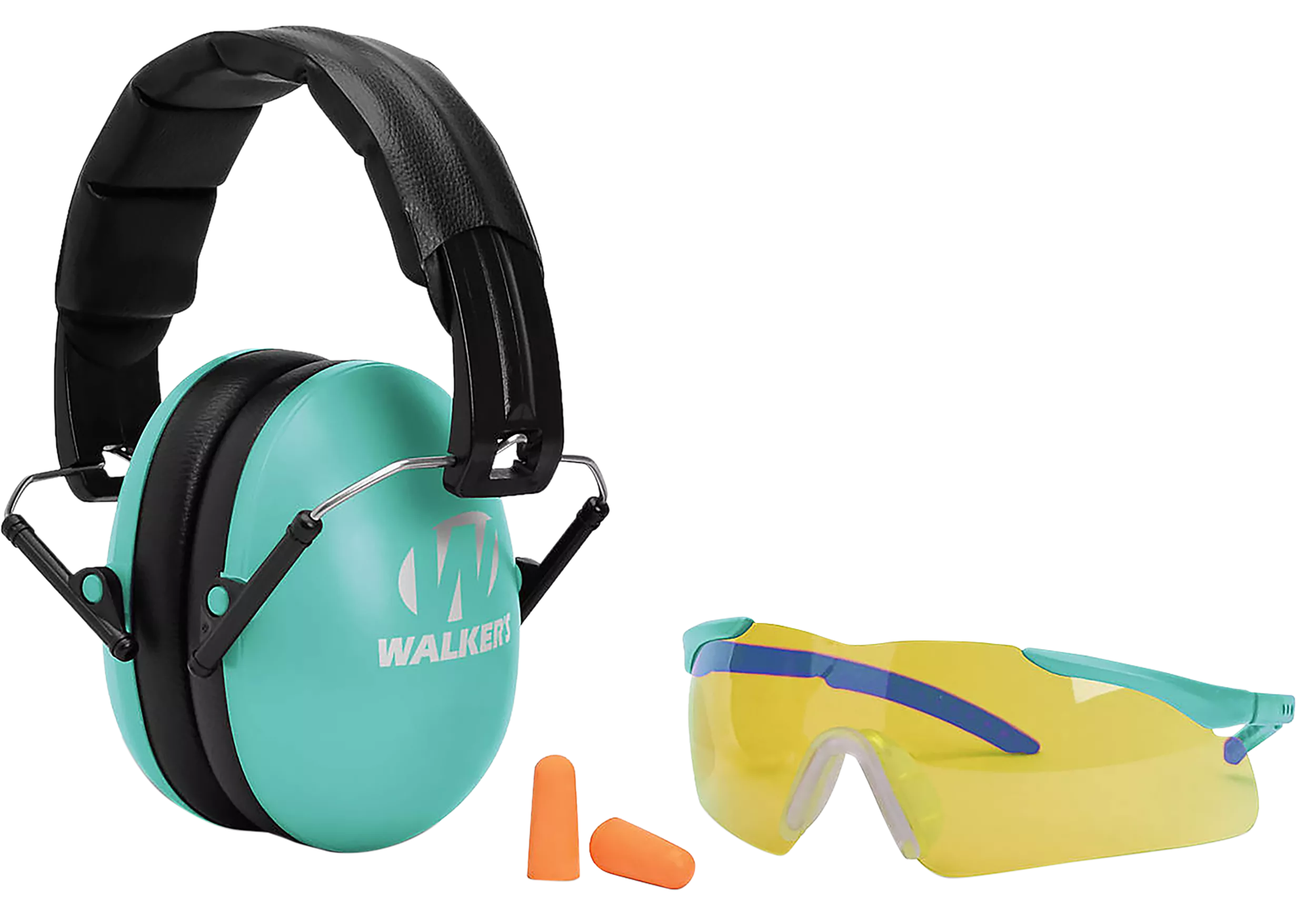 Walker's GWPYWFM2GFPLTL Folding Muff Combo 23 dB Over the Head Folding Muff, Foam Ear Plugs, Shooting Glasses Black/Teal Polymer Fits Youth/Women