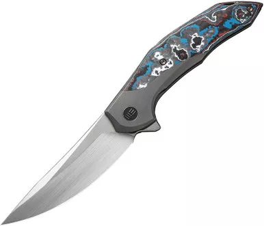 WE Knife Co Limited Edition Merata Flipper Knife - 3.68" CPM-20CV Hand Rubbed Trailing Point Blade, Gray Titanium Handles with Nebula FatCarbon Inlays, Chidori Accents, Frame Lock - WE22008B-2