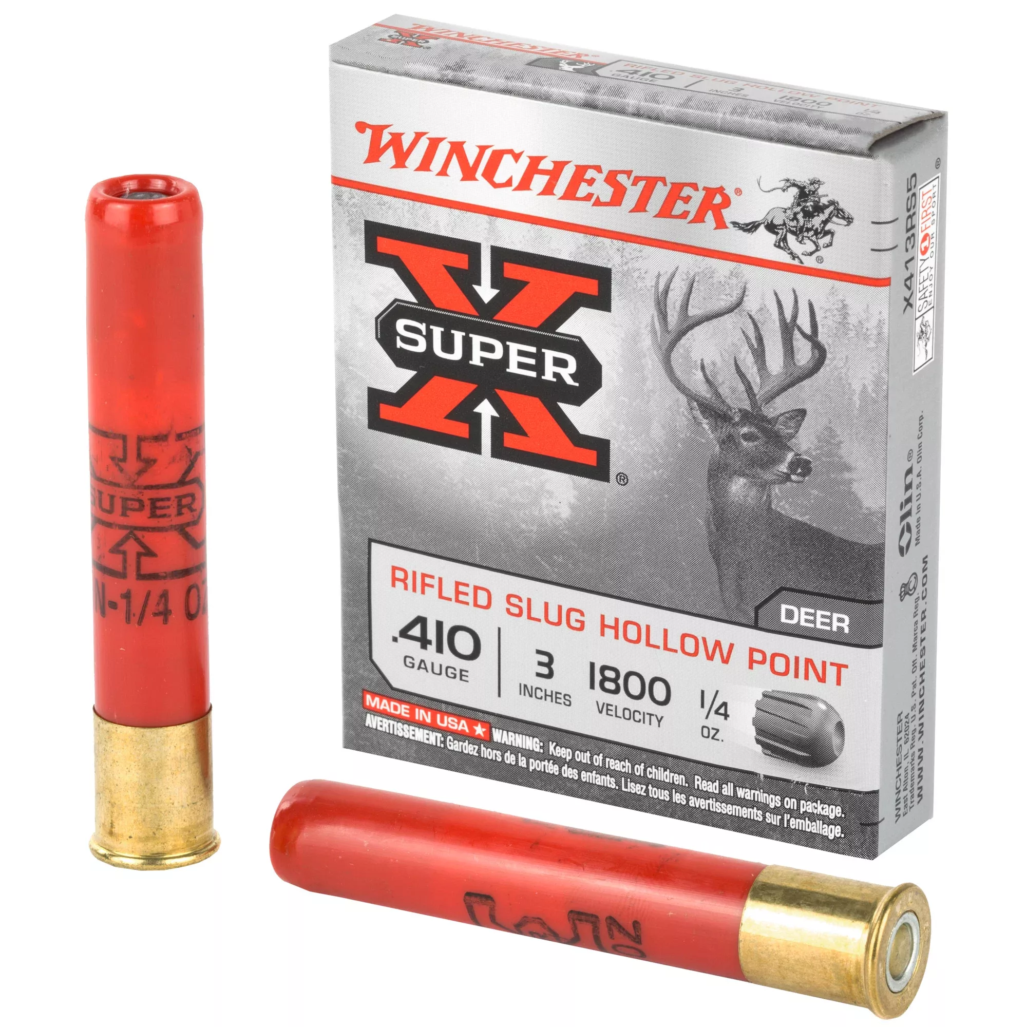 Winchester Super-X .410 Bore 3in 1/4oz Rifled Hollow Point Slug Shotshells, 5rd Box X413RS5