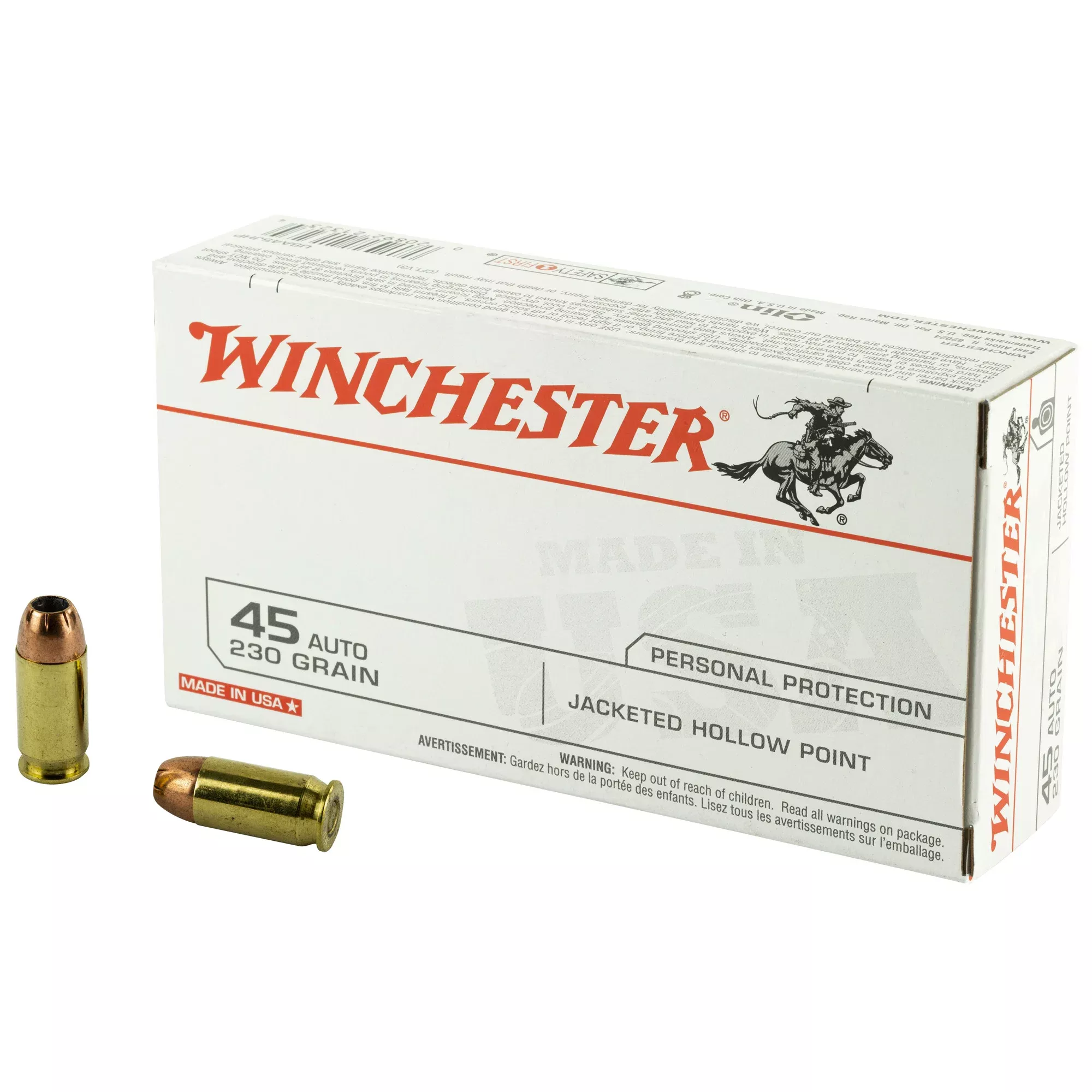 Winchester USA White Box .45 ACP 230gr Jacketed Hollow Point Ammo, 50-Round Box USA45JHP
