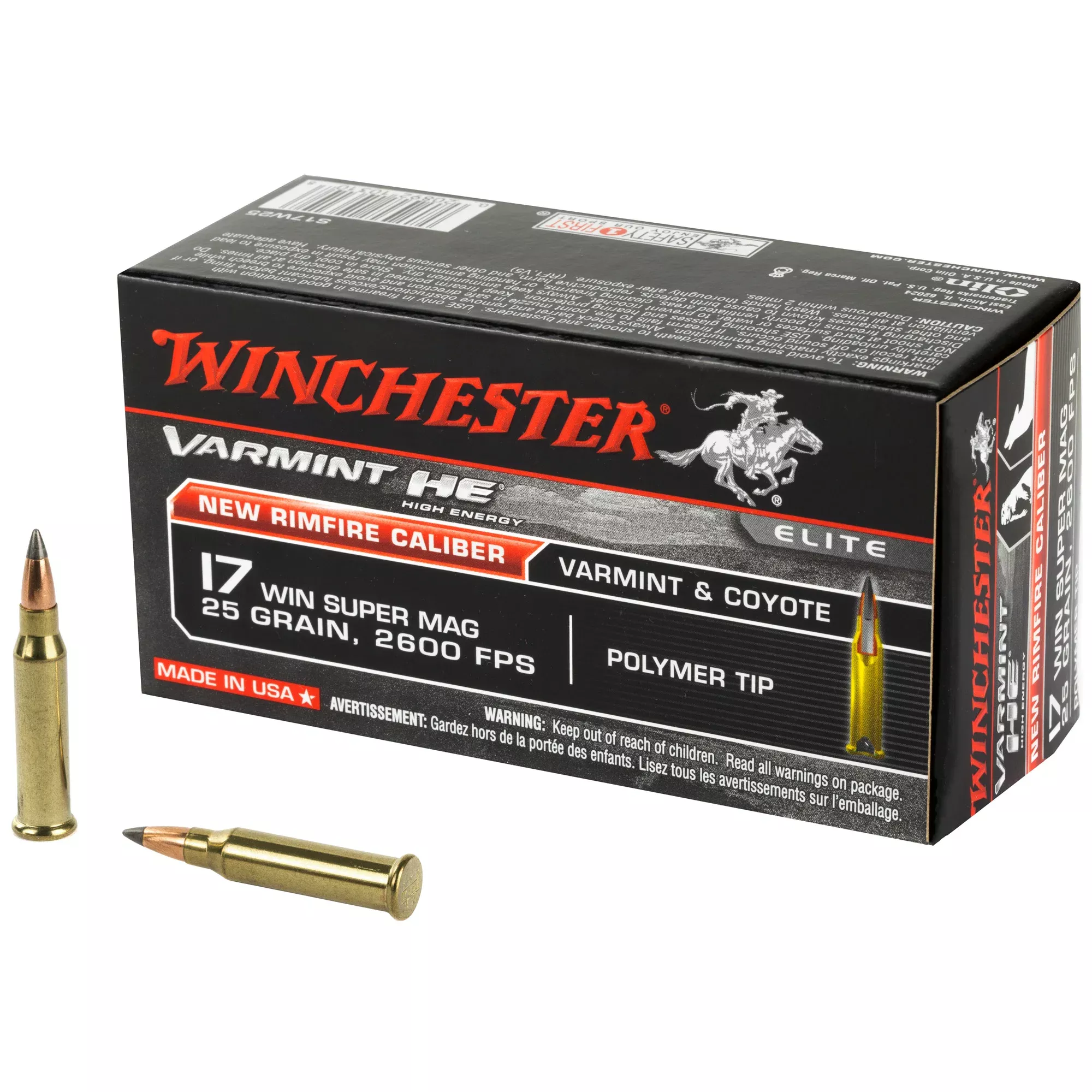 Winchester Varmint HE .17 WSM 25gr Polymer Tip Rimfire Ammo, 50 Rounds/Box S17W25