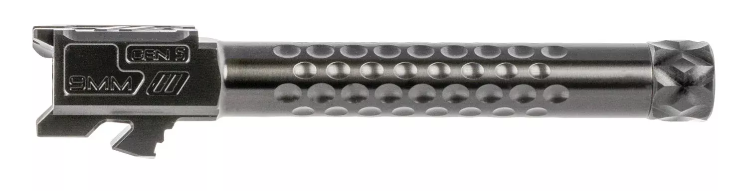 ZEV BBL17OPT5GTHDLC Optimized Match Grade9mm Luger, Compatible w/Glock 17 Gen5, 4.49" Black DLC 416R Stainless Steel Dimpled/Threaded Barrel